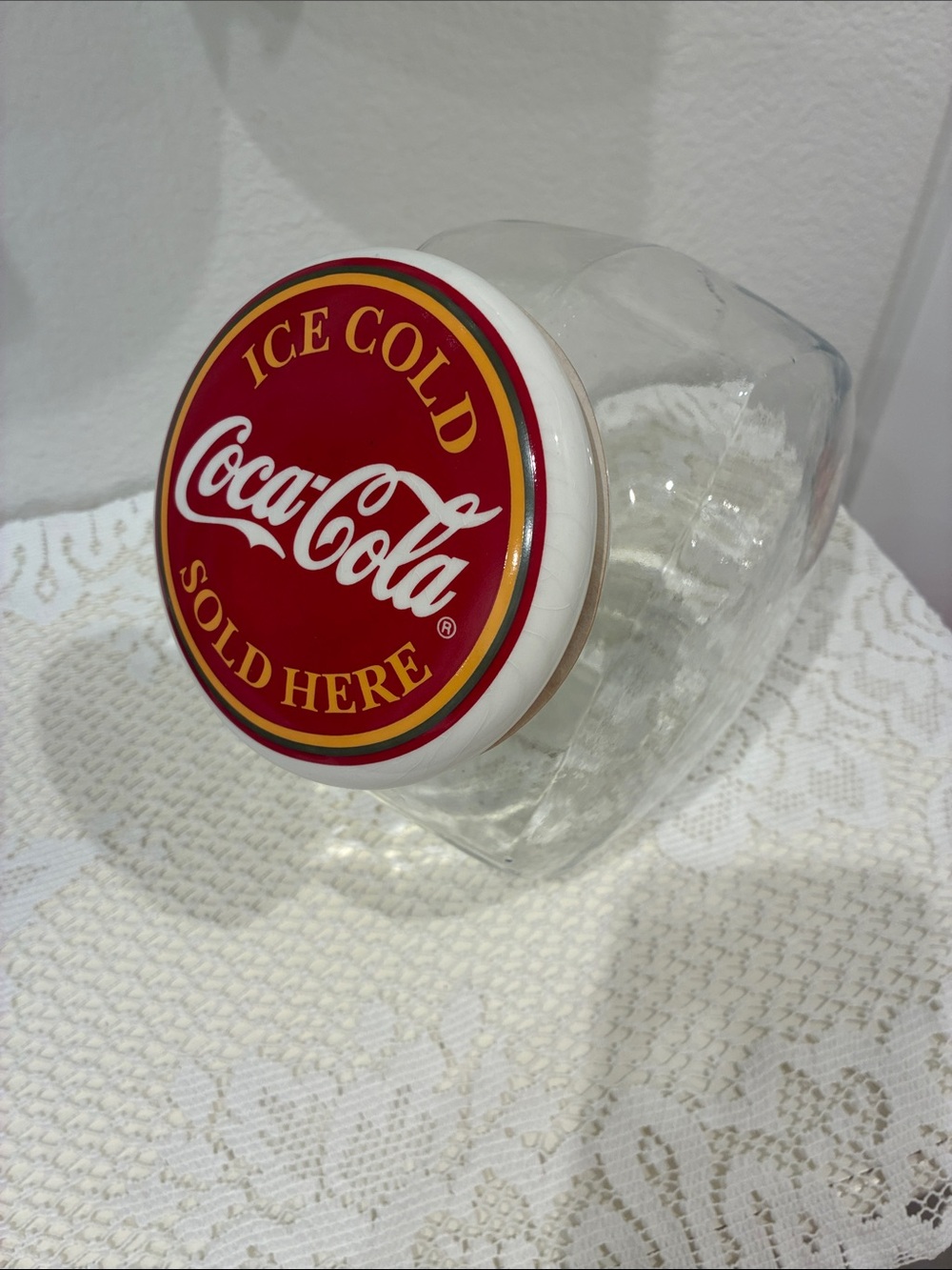 Vtg Coca-Cola Red and White Logo Glass Storage Jar by Anchor Hocking